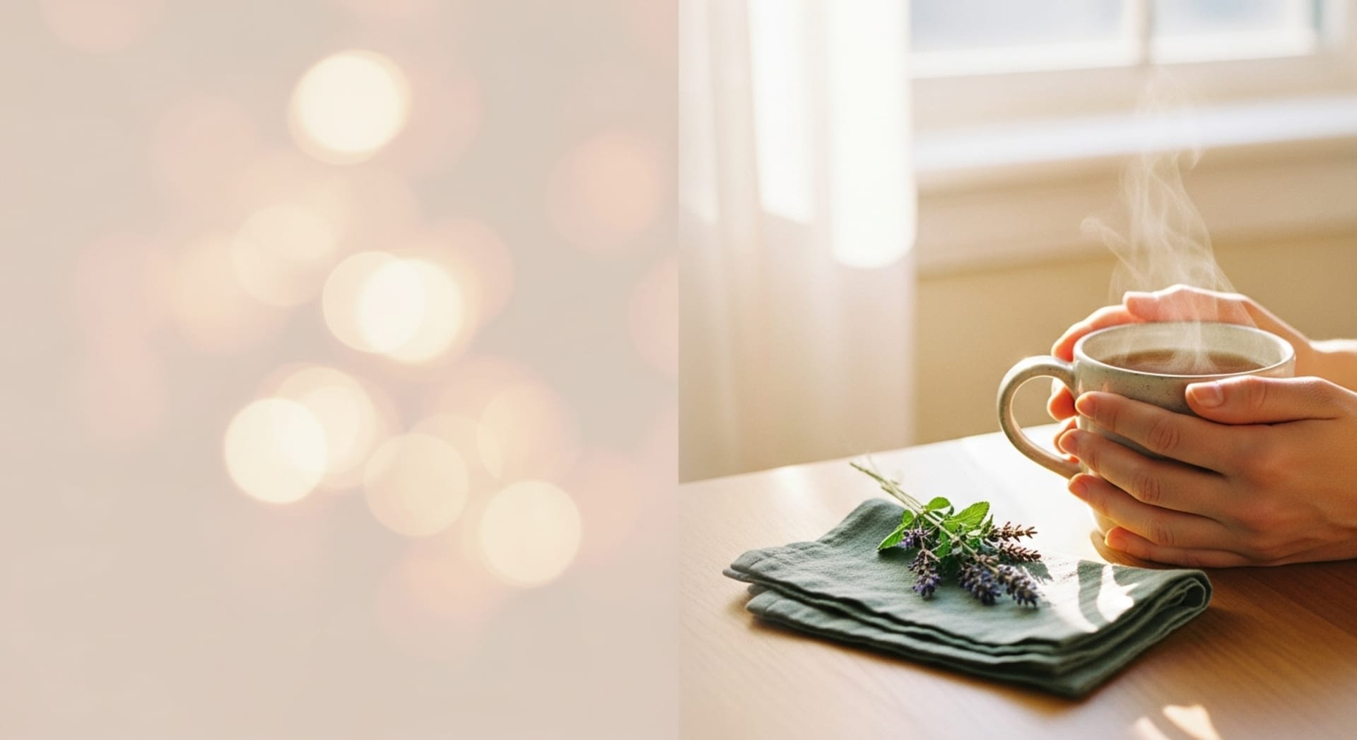 A quiet morning moment — hands holding a warm cup of herbal tea by a sunlit window